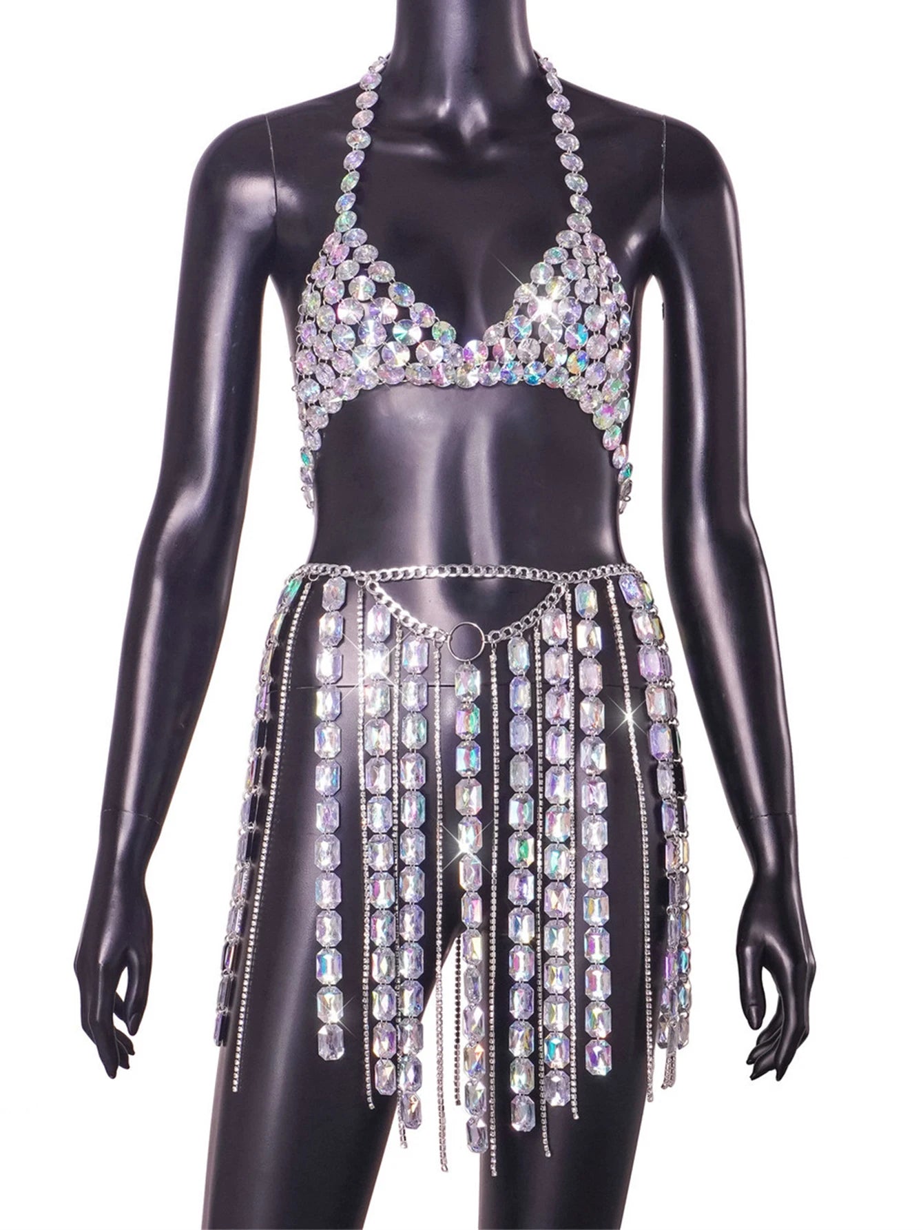 Sexy see through metal rhinestone mini dress set